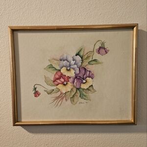 Art Collector - Framed 1991 Original Painting By DRU Delicate Pansy Arrangement
